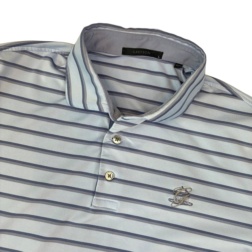 Greyson Polo Shirt Mens Large Blue Grey Striped Short Sleeve Golf Performance L